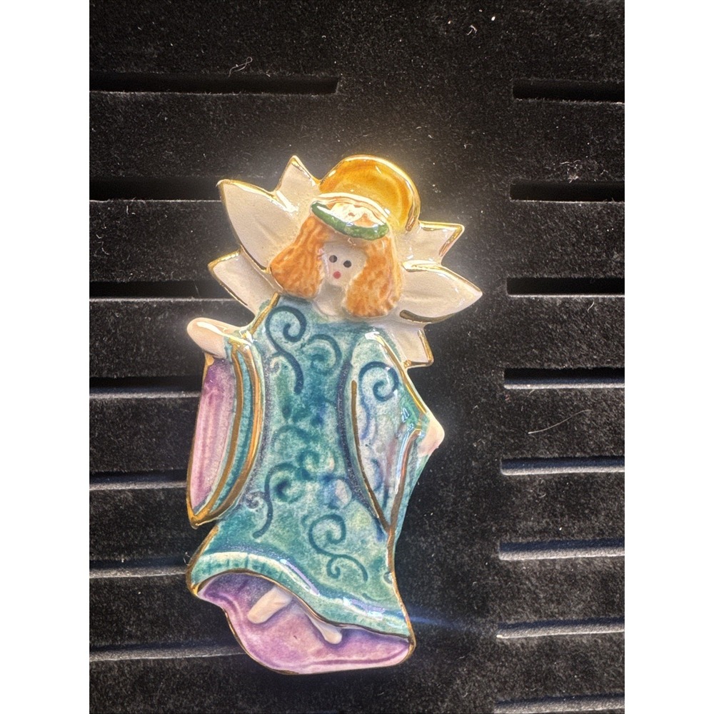 Ceramic Angel Pin Brooch Handcrafted 3" Handpainted Large Pin in Robes‎